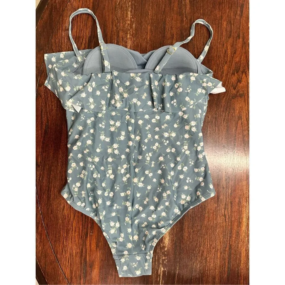 Shade & Shore Blue and White Floral Ruffle Full Coverage Swimsuit Size 14